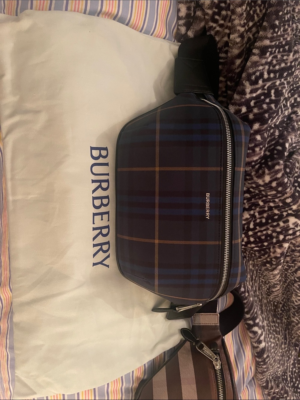 Burberry Navy Plaid Leather Belt Bag with Brown Accents